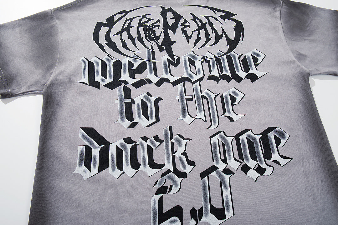 Trust No One Dark‑Age 2.0 Grey Washed Double‑Sided Graphic Print Crew‑Neck Streetwear T‑Shirt