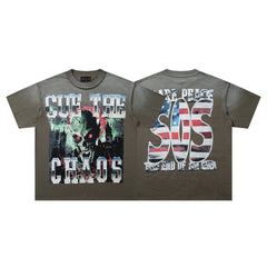 Into The Chaos Olive‑Washed Double‑Sided Graphic Print Crew‑Neck Streetwear T‑Shirt