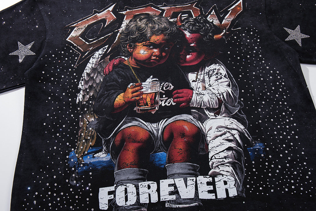 Forever Star Accented Hip‑Hop Portrait Double‑Sided Graphic Print Crew Neck Streetwear T‑Shirt