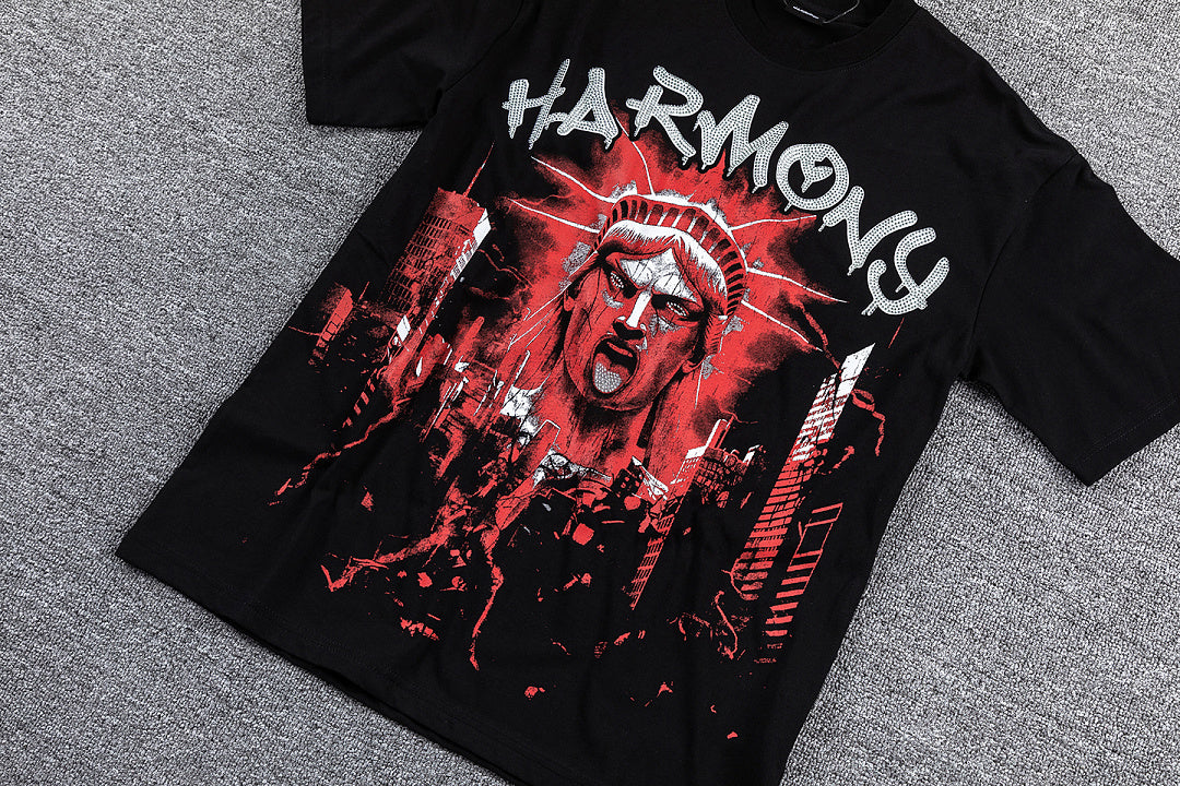 HVM Harmony Red Dark Portrait Black Double‑Sided Graphic Print Crew Neck Streetwear T‑Shirt