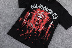 HVM Harmony Red Dark Portrait Black Double‑Sided Graphic Print Crew Neck Streetwear T‑Shirt