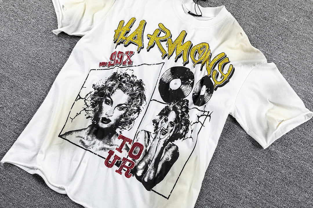 HVM Harmony Vintage Tour Portrait Tie‑Dye White Double‑Sided Graphic Print Crew Neck Streetwear T‑Shirt