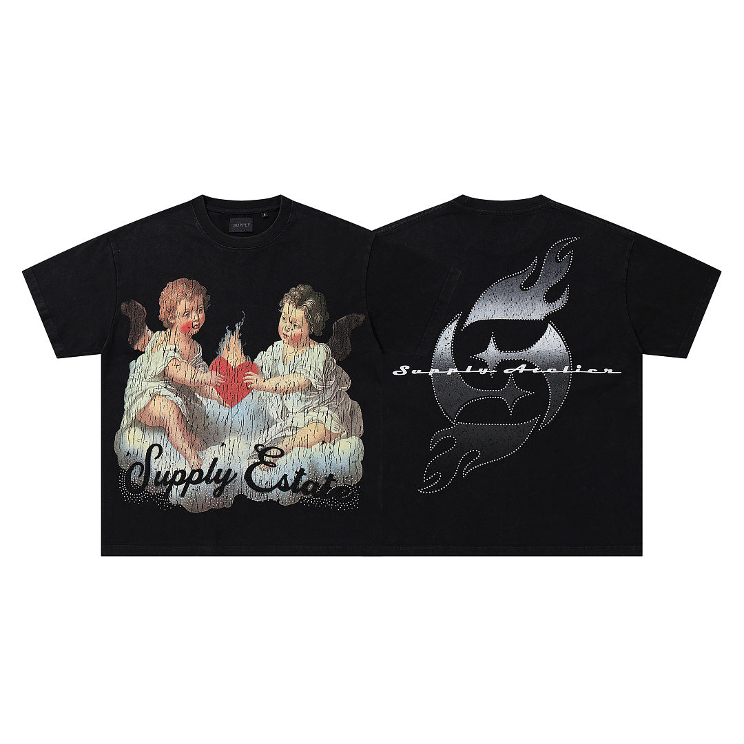 Vintage Angel Cherub Black Vintage‑Washed Double‑Sided Graphic Print Crew‑Neck Streetwear T‑Shirt