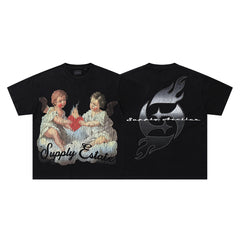 Vintage Angel Cherub Black Vintage‑Washed Double‑Sided Graphic Print Crew‑Neck Streetwear T‑Shirt