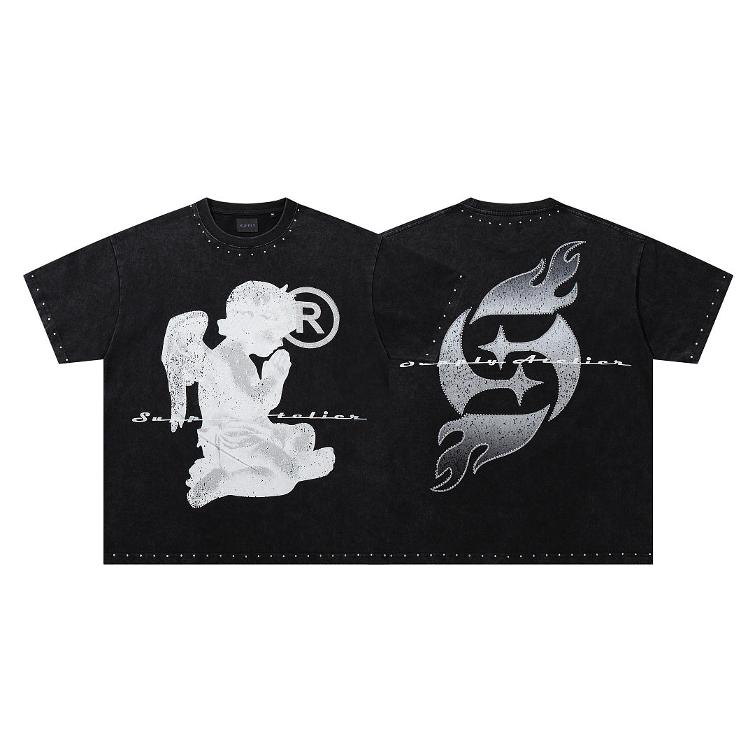 Vintage Kneeling Angel Black Double‑Sided Graphic Print Crew‑Neck Streetwear T‑Shirt