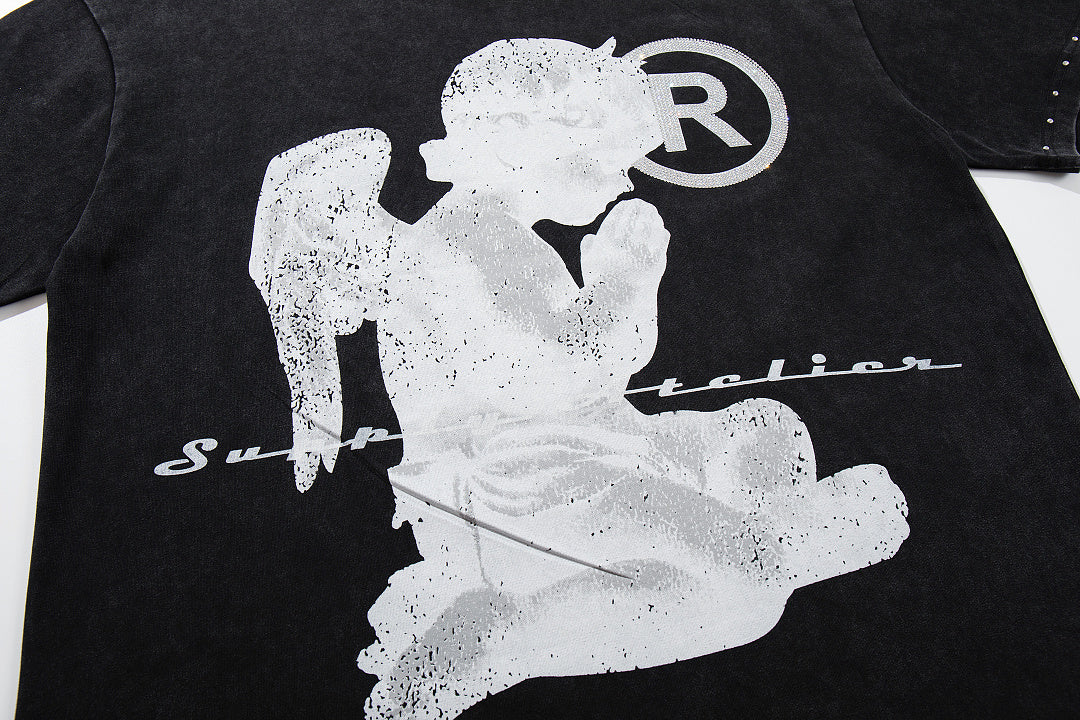 Vintage Kneeling Angel Black Double‑Sided Graphic Print Crew‑Neck Streetwear T‑Shirt