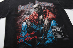 Grim Reaper Skeleton Black Vintage‑Washed Double‑Sided Graphic Print Crew‑Neck Streetwear T‑Shirt