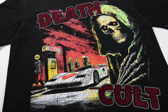 Death Cult Double‑Sided Graphic Print Black‑Washed Crew‑Neck Streetwear T‑Shirt