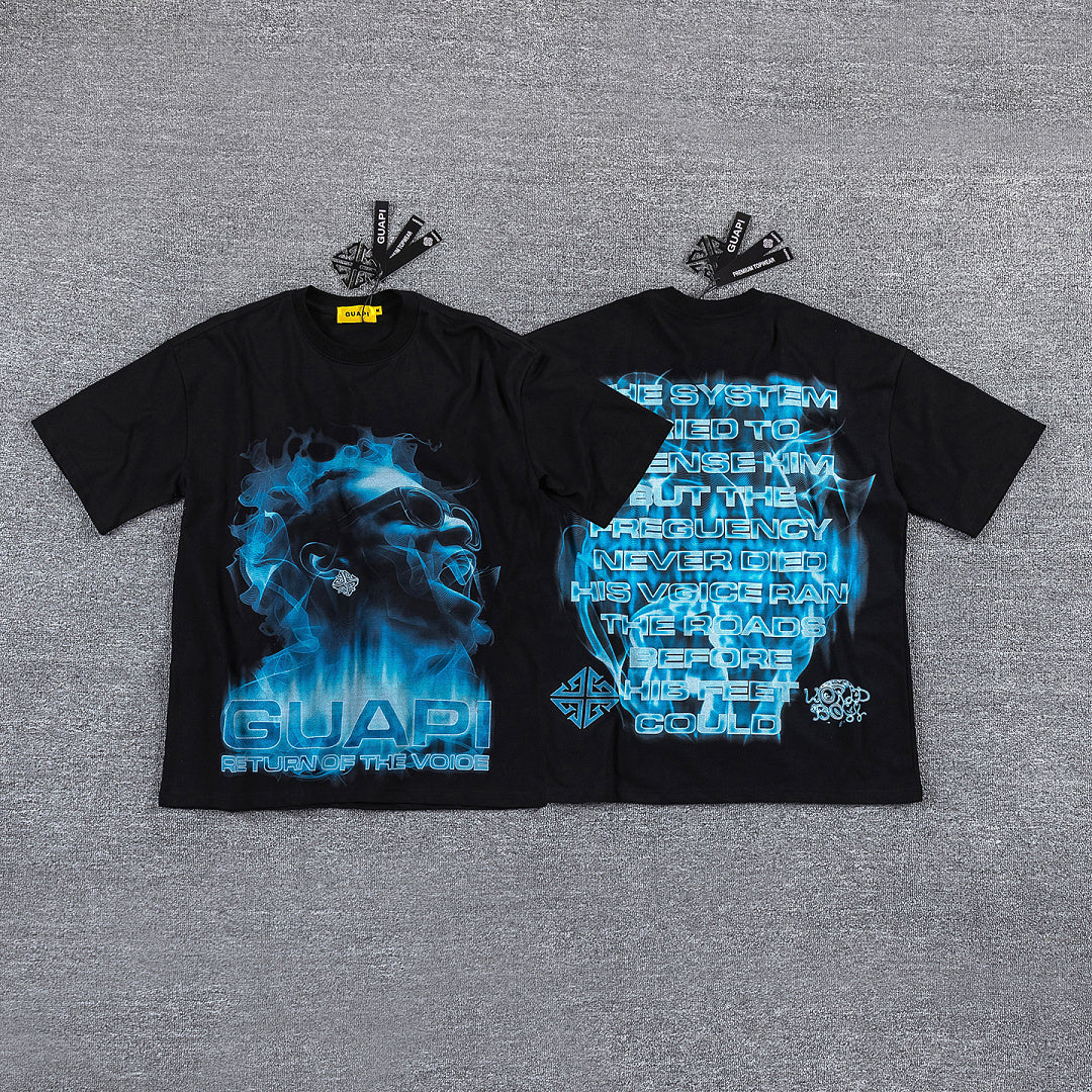 Blue Flame Portrait Double‑Sided Graphic Print Crew Neck Streetwear T‑Shirt