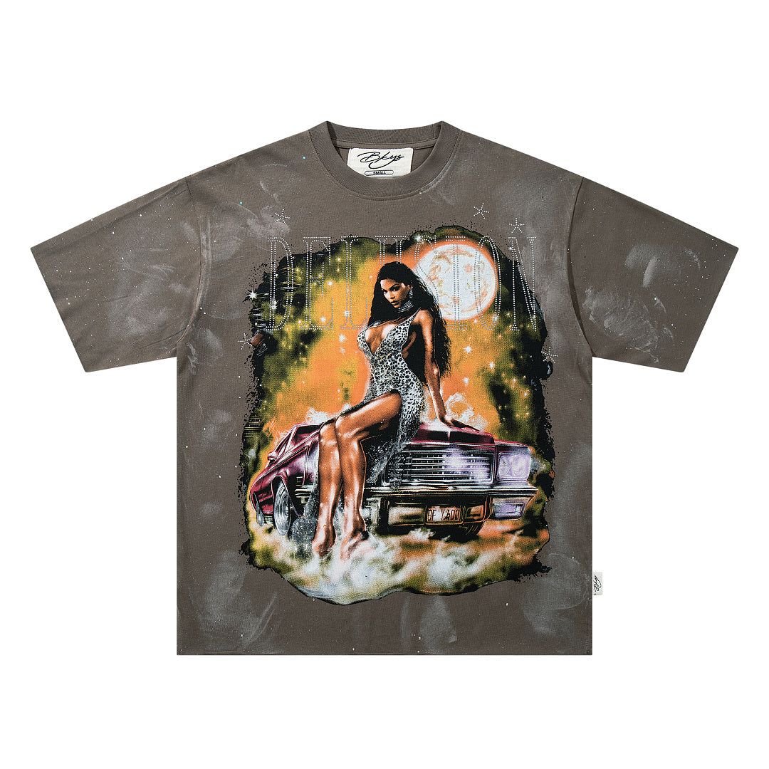 All You Need Is Little Delusion Taupe‑Washed Figure Art Double‑Sided Graphic Print Crew Neck Streetwear T‑Shirt