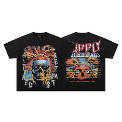 Tribal Skull Black Vintage‑Washed Double‑Sided Graphic Print Crew‑Neck Streetwear T‑Shirt