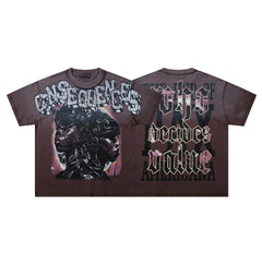 Consequences Higher Justice Burgundy‑Washed Double‑Sided Graphic Print Crew‑Neck Streetwear T‑Shirt