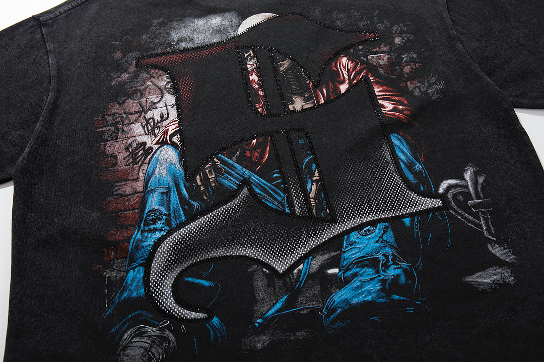 Grim Reaper Skeleton Black Vintage‑Washed Double‑Sided Graphic Print Crew‑Neck Streetwear T‑Shirt