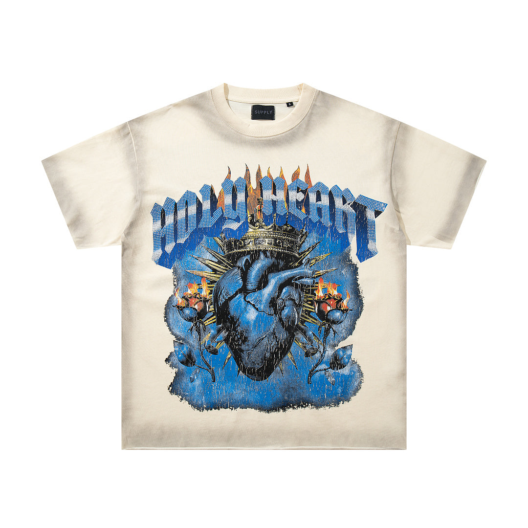 World Might Survive Off‑White Vintage‑Washed Double‑Sided Graphic Print Crew‑Neck Streetwear T‑Shirt