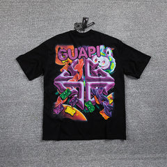 HVM Harmony Psychedelic Cartoon Character Black Double‑Sided Graphic Print Crew Neck Streetwear T‑Shirt