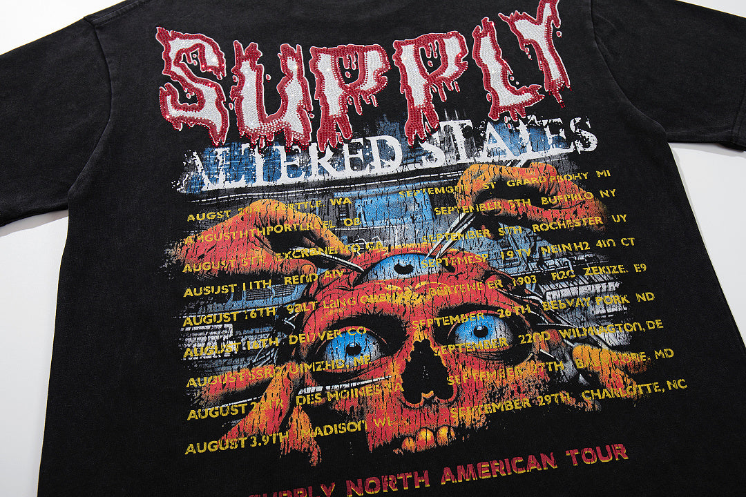 Tribal Skull Black Vintage‑Washed Double‑Sided Graphic Print Crew‑Neck Streetwear T‑Shirt