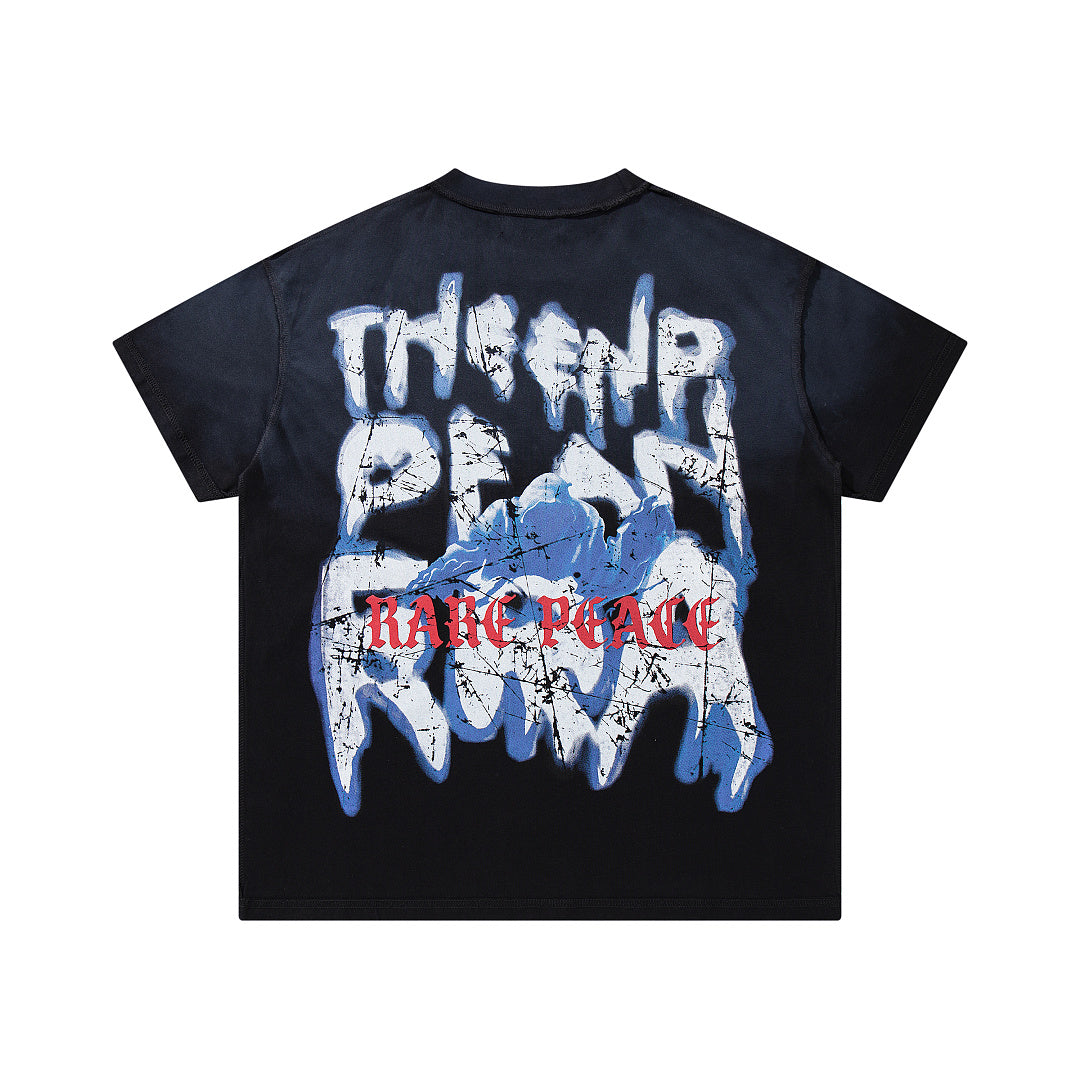 Chaos Mountain Black‑Washed Double‑Sided Graphic Print Crew‑Neck Streetwear T‑Shirt