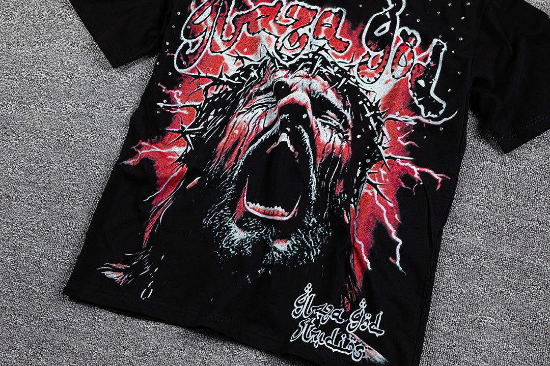 Red Thorn Screaming Portrait Double‑Sided Graphic Print Crew Neck Streetwear T‑Shirt