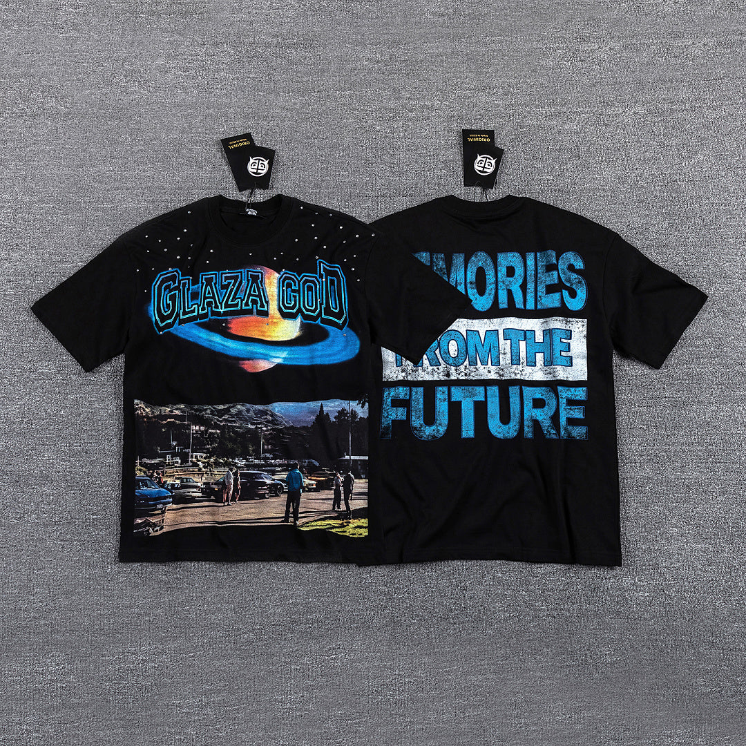 Glazagod "Memories From The Future" Planet Landscape Double‑Sided Graphic Print Crew Neck Streetwear T‑Shirt