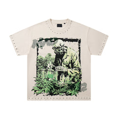 Green Skull Warrior Beige Vintage‑Washed Double‑Sided Graphic Print Crew‑Neck Streetwear T‑Shirt