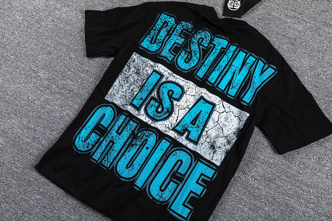 Glazagod "Destiny Is A Choice" Blue‑Cyan Double‑Sided Graphic Print Crew Neck Streetwear T‑Shirt