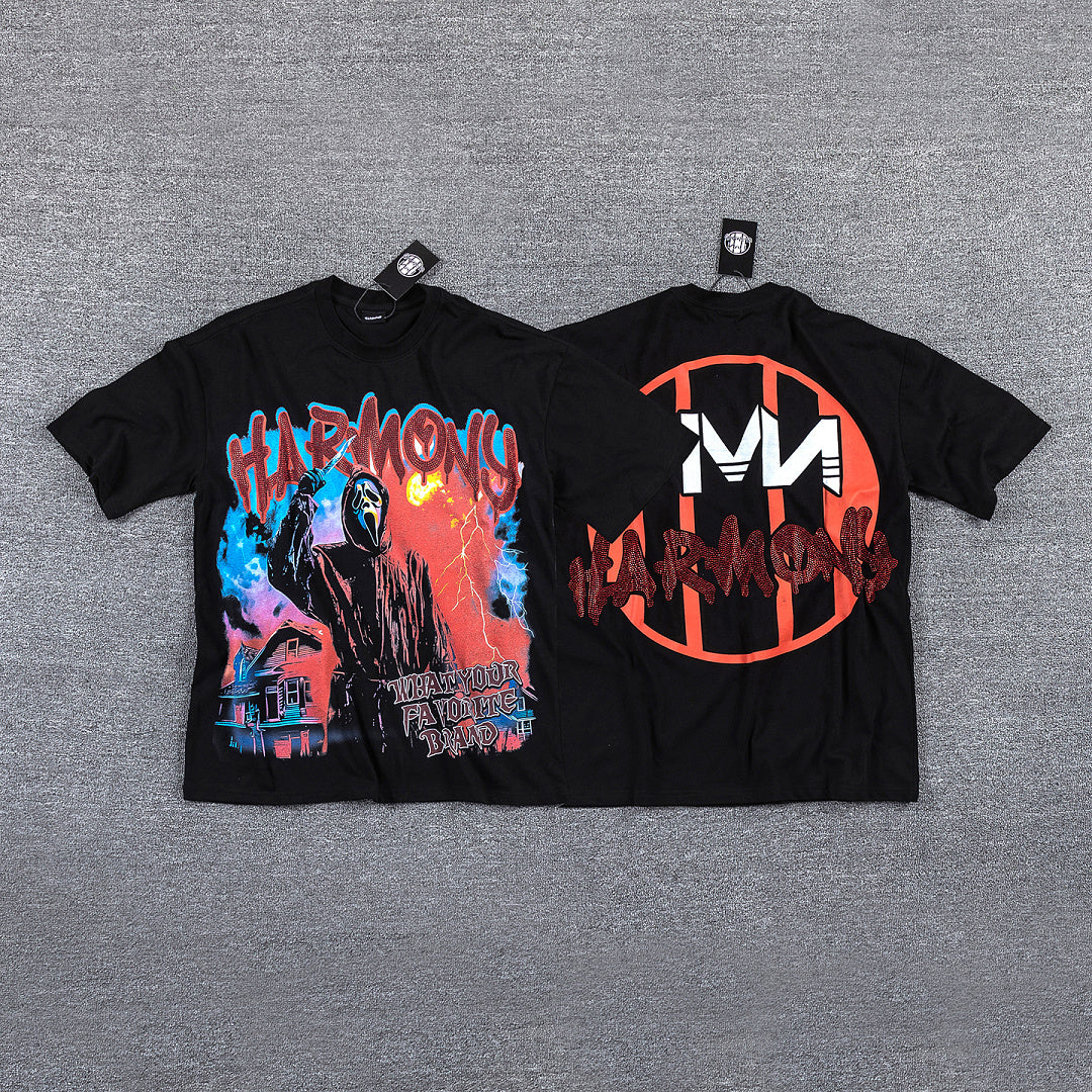 HVM Harmony Fiery Neon Figure Black Double‑Sided Graphic Print Crew Neck Streetwear T‑Shirt