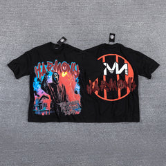 HVM Harmony Fiery Neon Figure Black Double‑Sided Graphic Print Crew Neck Streetwear T‑Shirt