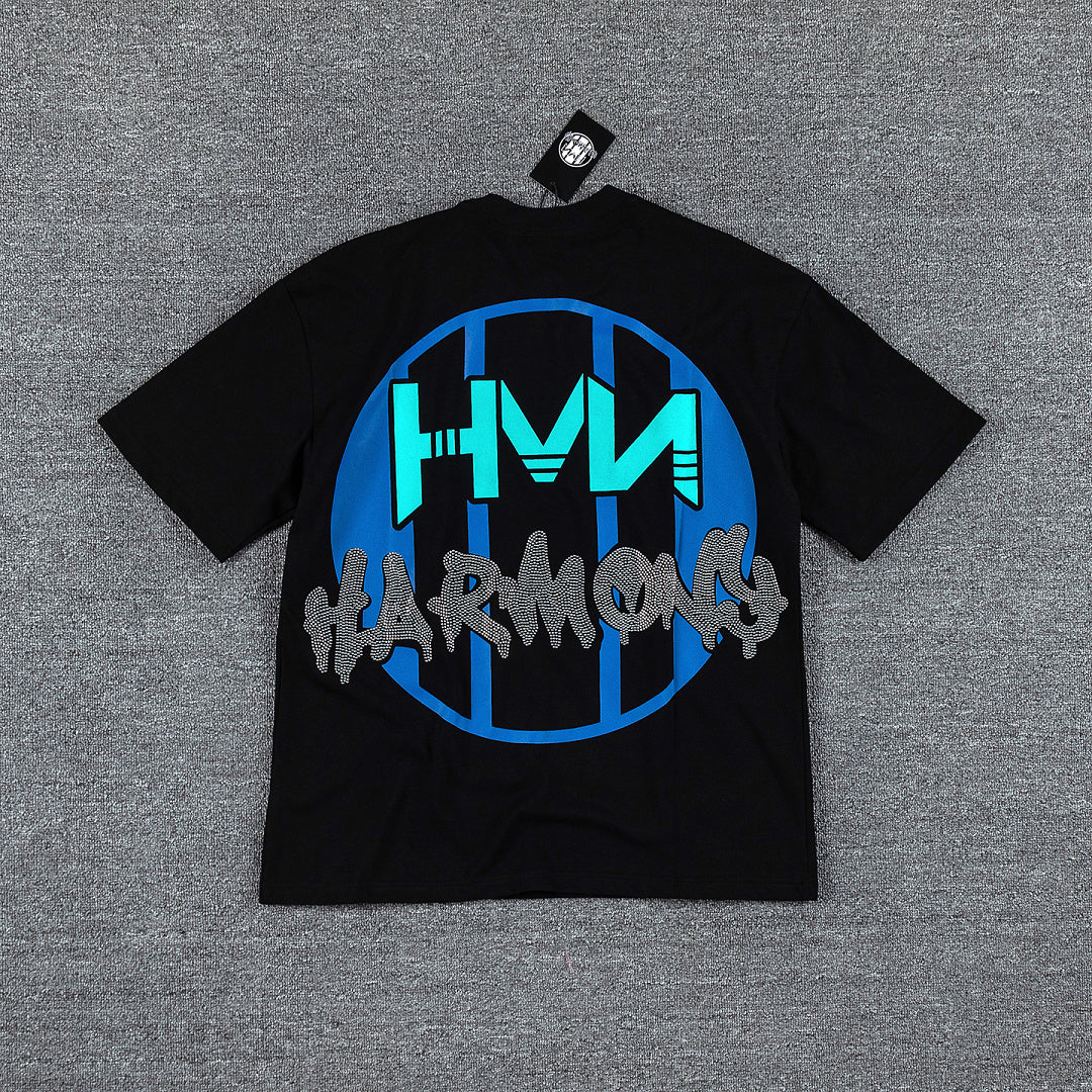 HVM Harmony Blue Thunder Figure Black Double‑Sided Graphic Print Crew Neck Streetwear T‑Shirt