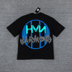 HVM Harmony Blue Thunder Figure Black Double‑Sided Graphic Print Crew Neck Streetwear T‑Shirt