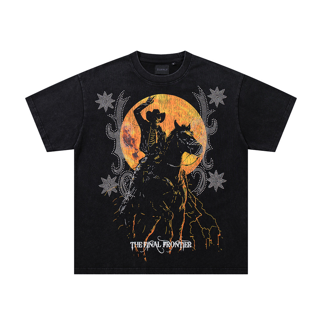 Supply Hills Black‑Washed Double‑Sided Graphic Print Crew‑Neck Streetwear T‑Shirt