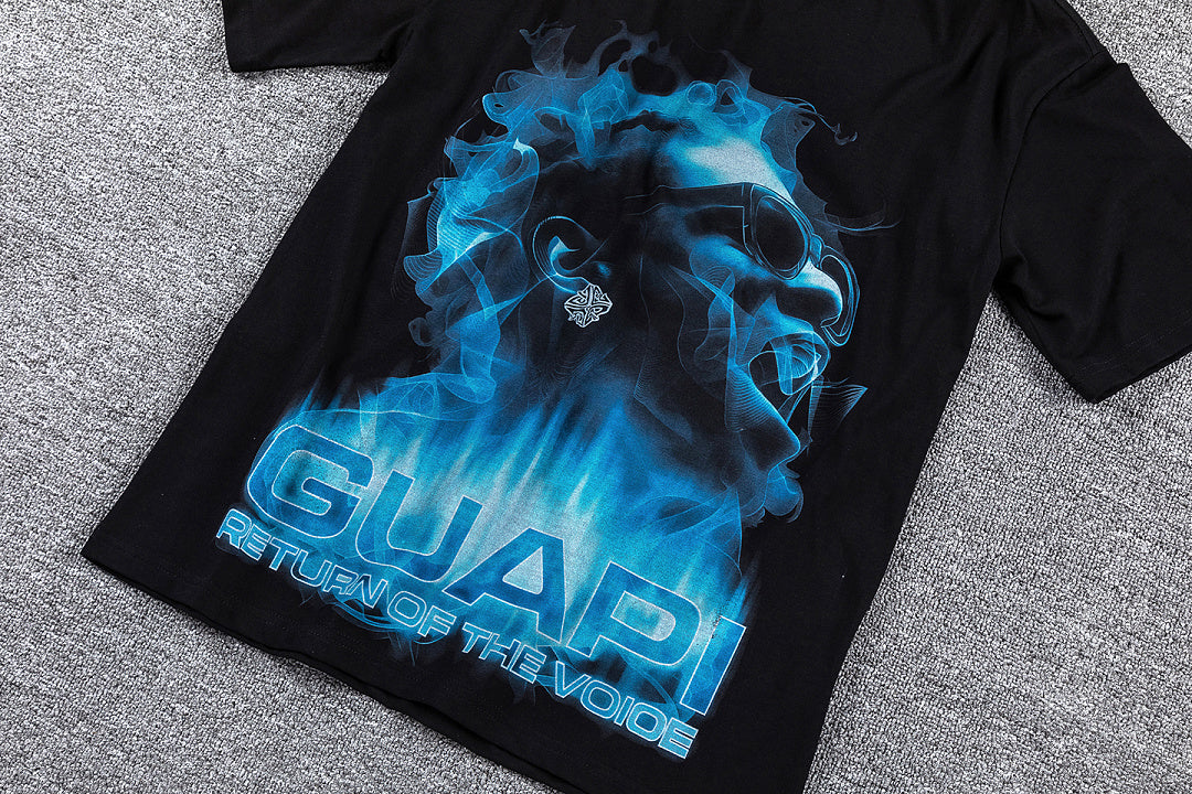 Blue Flame Portrait Double‑Sided Graphic Print Crew Neck Streetwear T‑Shirt