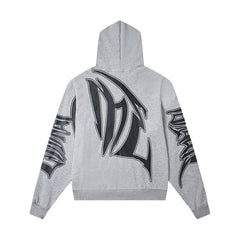 Heather Grey Vintage Gothic Letter Zip‑Up Oversized Hoodie Urban Streetwear Sweatshirt