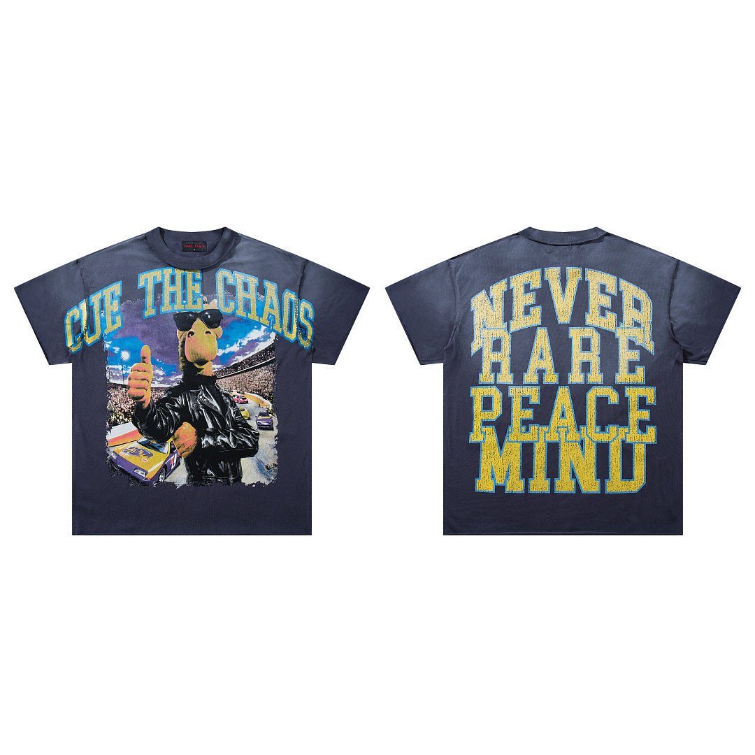 Cut The Chaos Navy‑Washed Double‑Sided Graphic Print Crew‑Neck Streetwear T‑Shirt