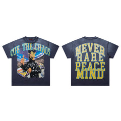 Cut The Chaos Navy‑Washed Double‑Sided Graphic Print Crew‑Neck Streetwear T‑Shirt