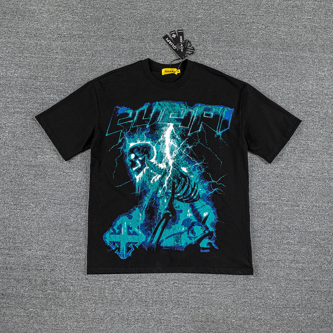 Cyan Lightning Cross Double‑Sided Graphic Print Crew Neck Streetwear T‑Shirt