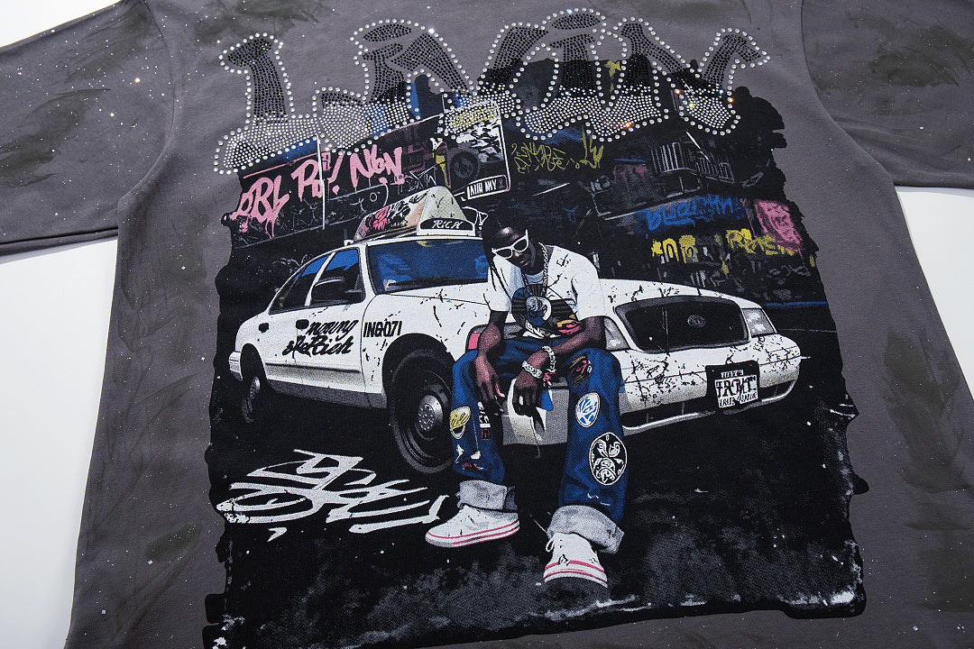 Livin My Life Grey‑Washed Car Hip‑Hop Double‑Sided Graphic Print Crew Neck Streetwear T‑Shirt