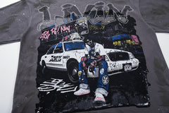 Livin My Life Grey‑Washed Car Hip‑Hop Double‑Sided Graphic Print Crew Neck Streetwear T‑Shirt