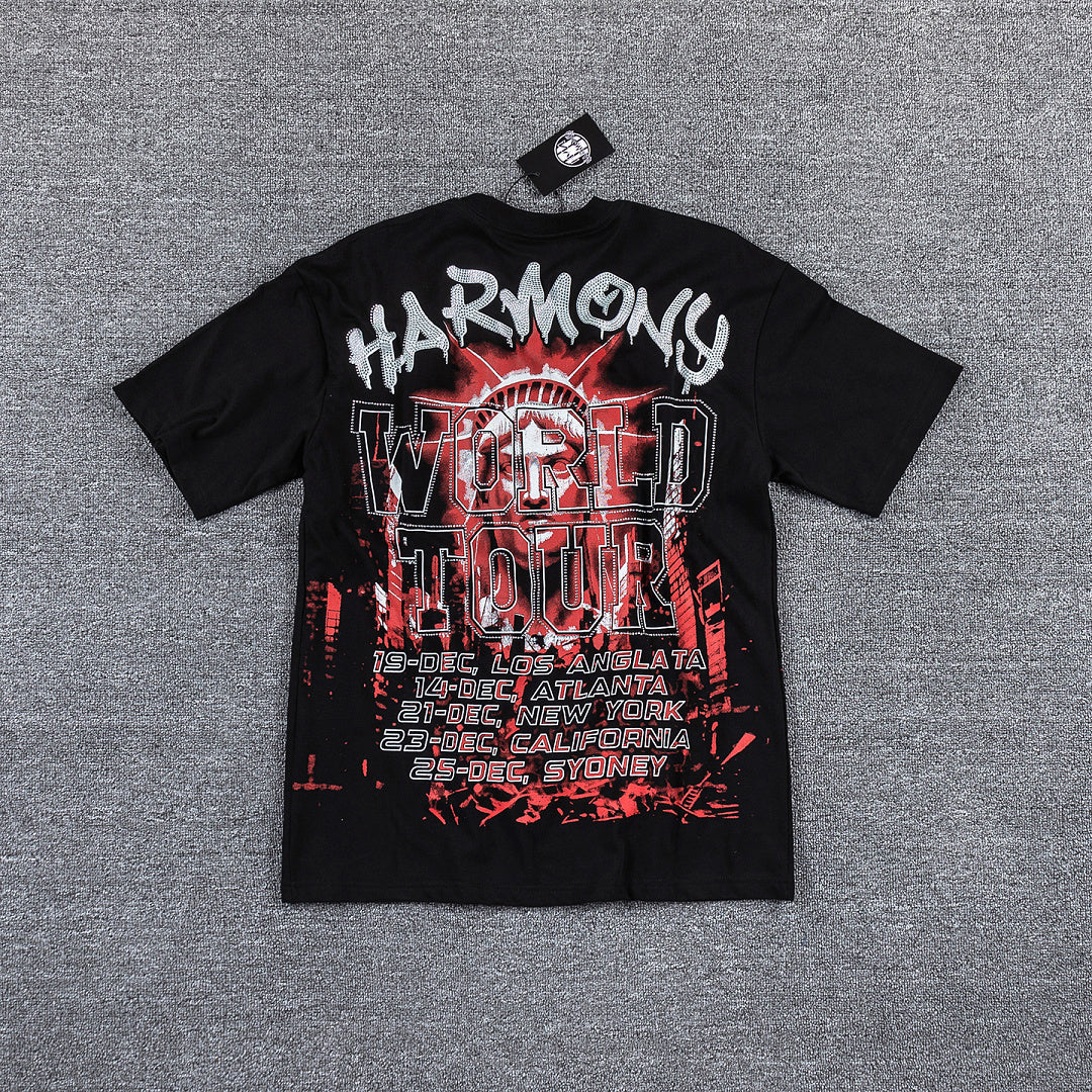 HVM Harmony Red Dark Portrait Black Double‑Sided Graphic Print Crew Neck Streetwear T‑Shirt