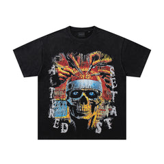 Tribal Skull Black Vintage‑Washed Double‑Sided Graphic Print Crew‑Neck Streetwear T‑Shirt