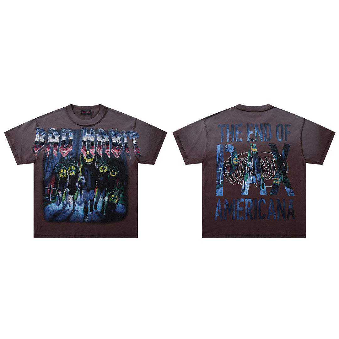 Bad Moon Americana Brown‑Washed Double‑Sided Graphic Print Crew‑Neck Streetwear T‑Shirt