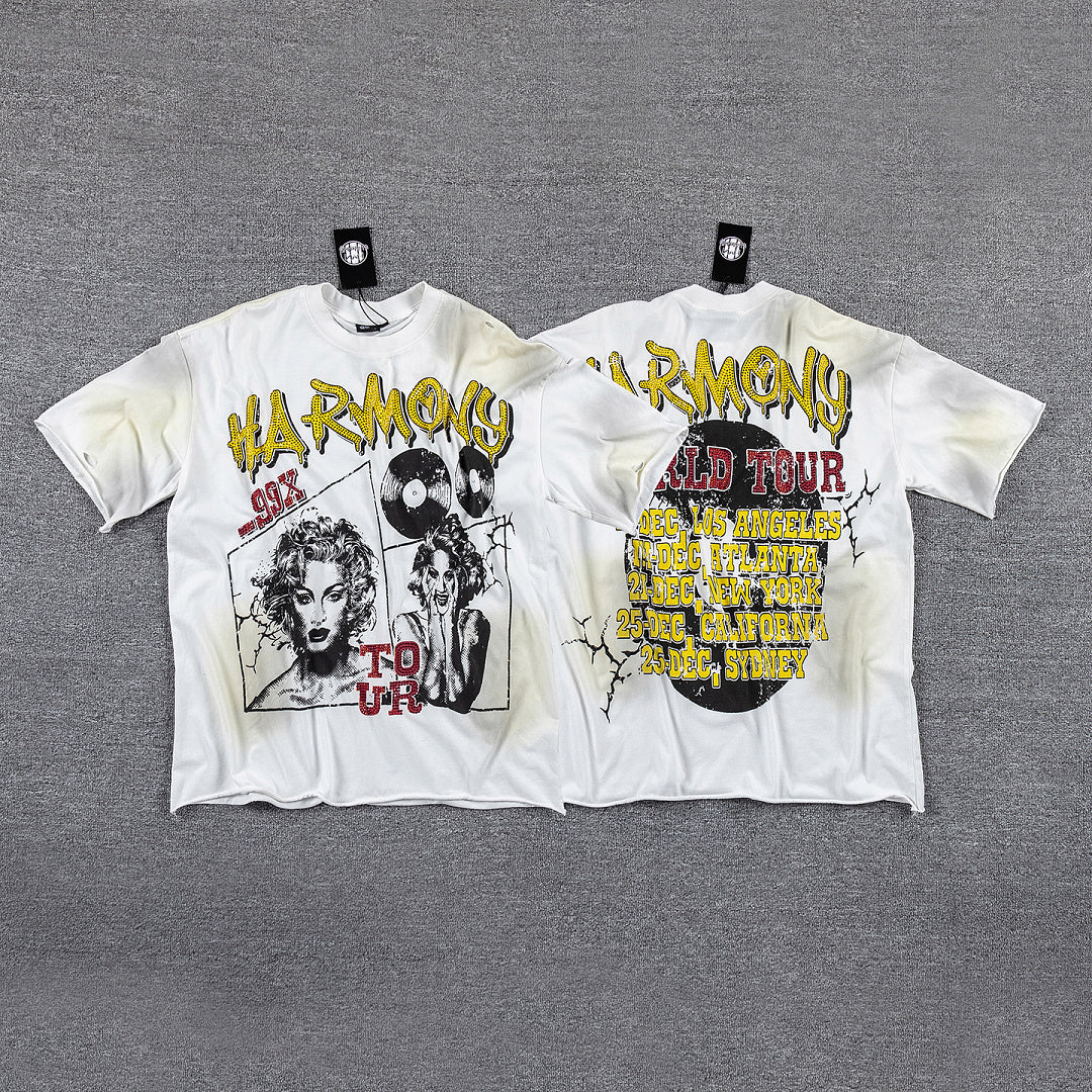 HVM Harmony Vintage Tour Portrait Tie‑Dye White Double‑Sided Graphic Print Crew Neck Streetwear T‑Shirt