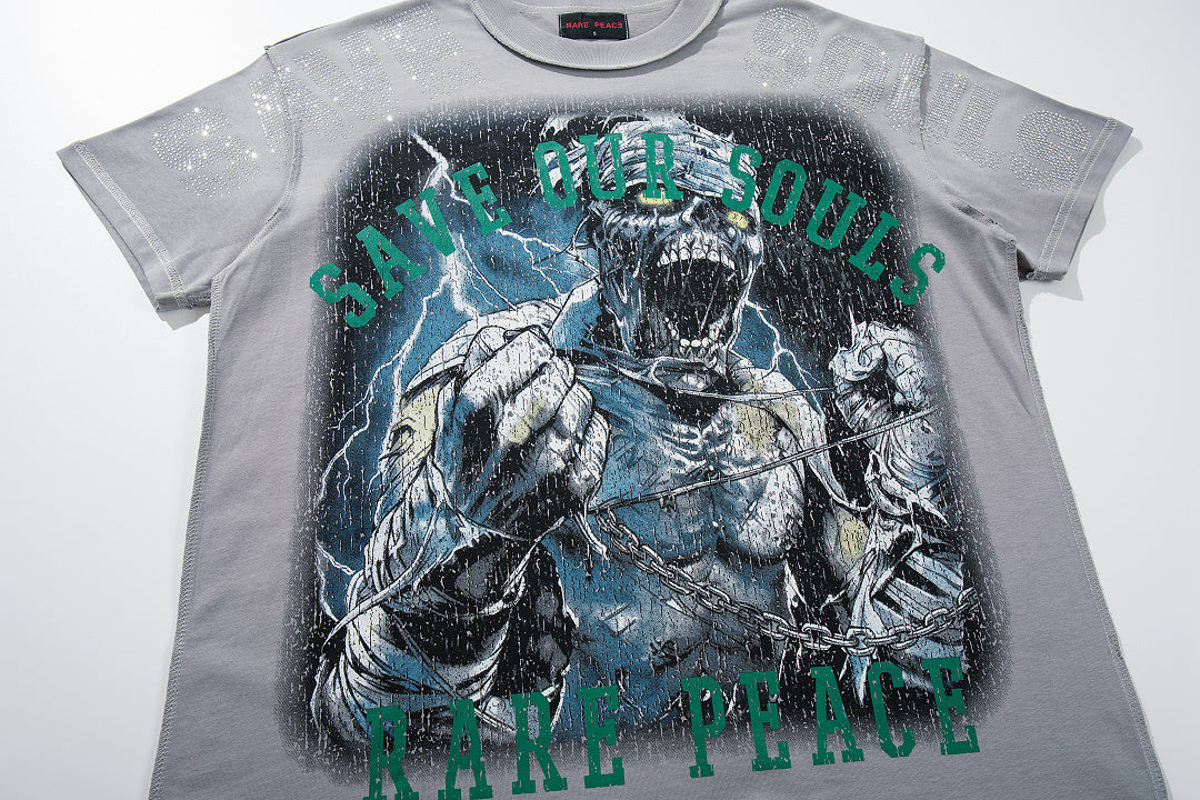 Rare Peace SOS The End Of An Era Light‑Grey Washed Double‑Sided Graphic Print Crew‑Neck Streetwear T‑Shirt