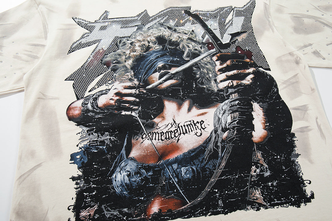 Dark Demon Champion Off‑White Washed Double‑Sided Graphic Print Crew Neck Streetwear T‑Shirt