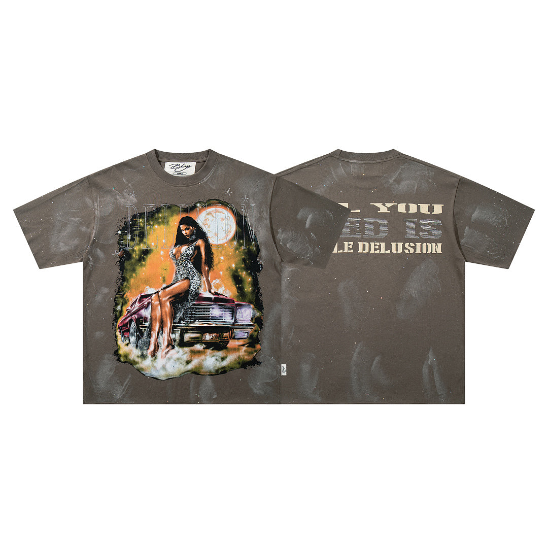 All You Need Is Little Delusion Taupe‑Washed Figure Art Double‑Sided Graphic Print Crew Neck Streetwear T‑Shirt