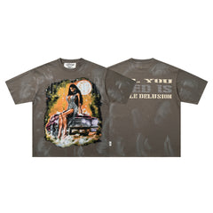 All You Need Is Little Delusion Taupe‑Washed Figure Art Double‑Sided Graphic Print Crew Neck Streetwear T‑Shirt