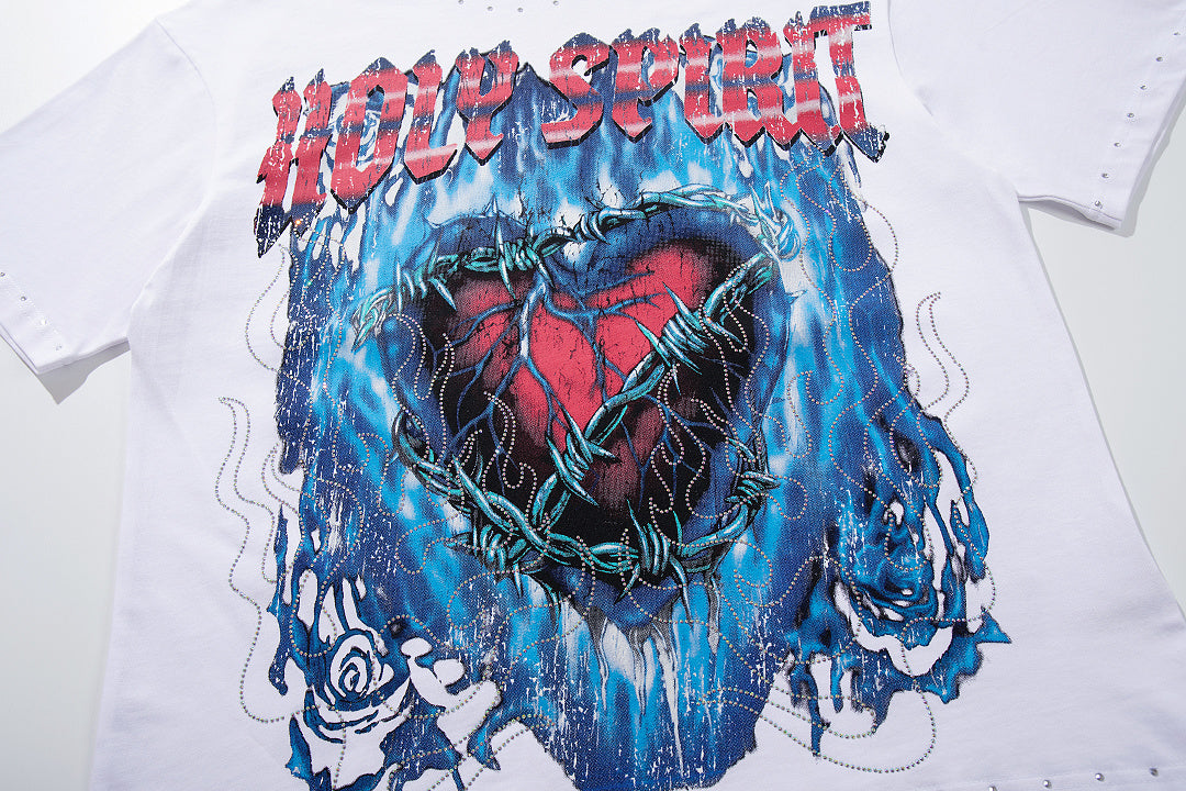 Melting Heart White Vintage‑Washed Double‑Sided Graphic Print Crew‑Neck Streetwear T‑Shirt