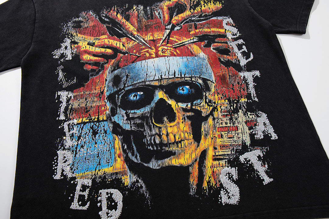 Tribal Skull Black Vintage‑Washed Double‑Sided Graphic Print Crew‑Neck Streetwear T‑Shirt