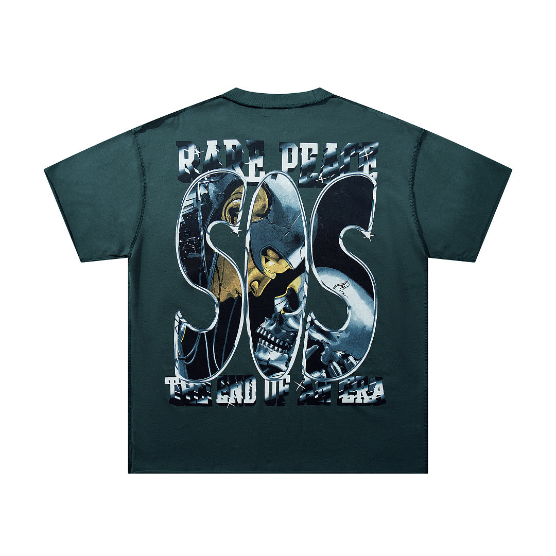 SOS Skull Universe Dark‑Green Washed Double‑Sided Graphic Print Crew‑Neck Streetwear T‑Shirt