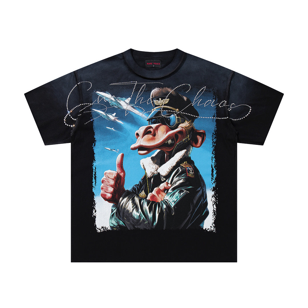 Rare Peace Black‑Washed Double‑Sided Graphic Print Crew‑Neck Streetwear T‑Shirt