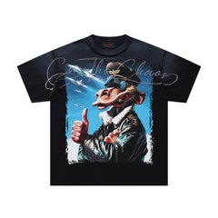 Rare Peace Black‑Washed Double‑Sided Graphic Print Crew‑Neck Streetwear T‑Shirt